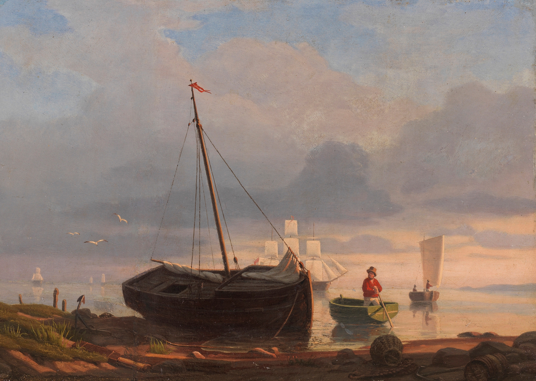 Fischerboote am Strand im Abendlicht, by Anton Melbye, public domain