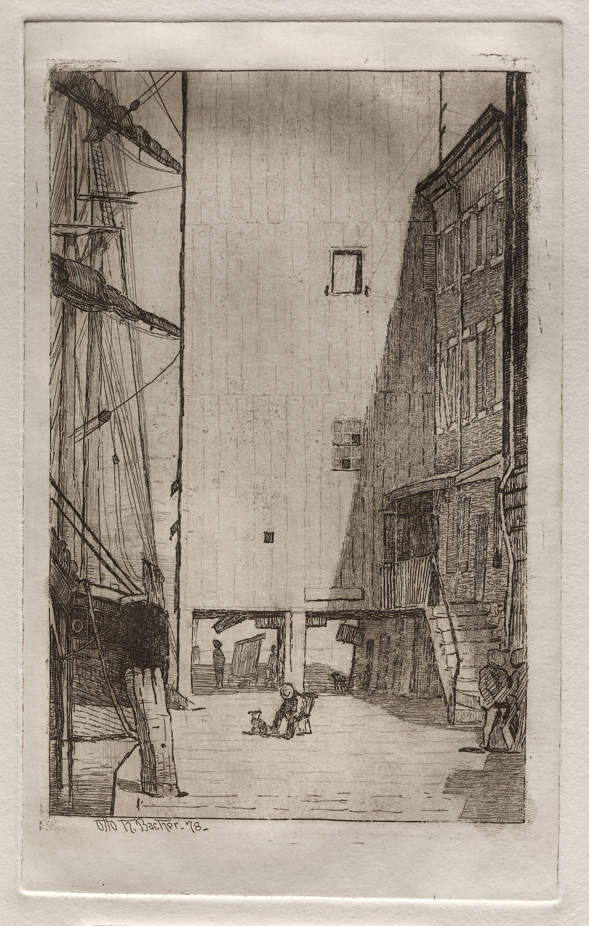 Ship and Elevator by Otto Henry Bacher, watercolor on paper depicting a ship in a stormy ocean.