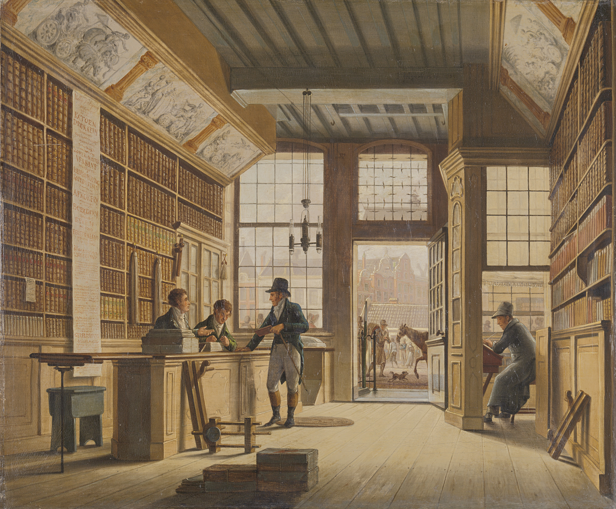 Interior of a bookshop with bookshelves and a printing press, oil painting by Johannes Jelgerhuis