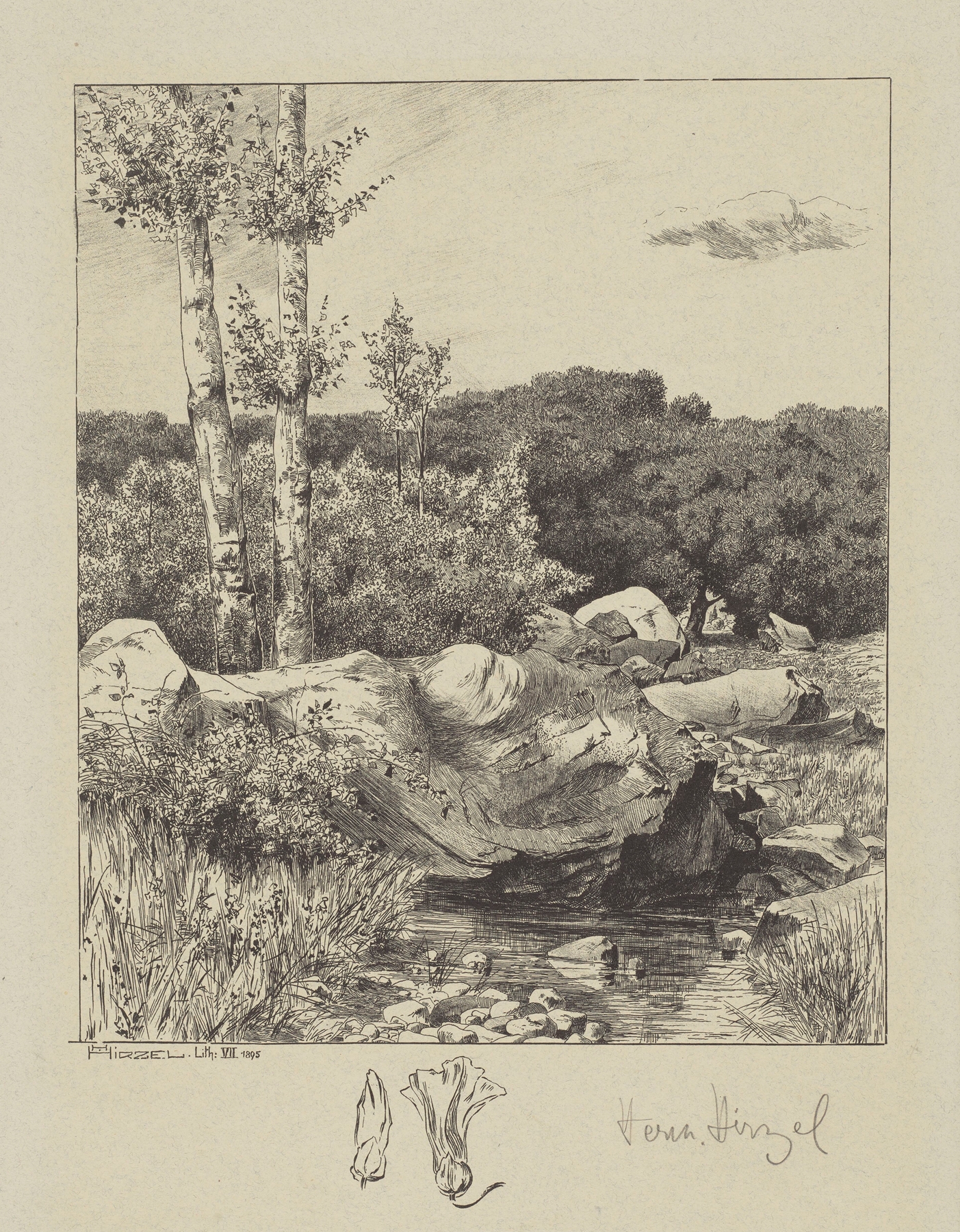 At a Stream by Hermann Hirzel, oil painting depicting a tranquil landscape with flowing water and soft light.