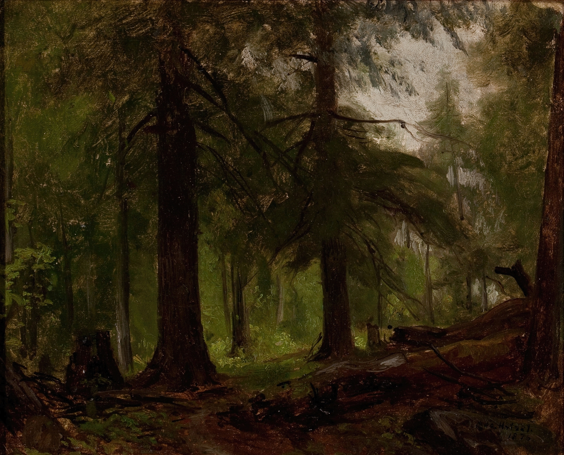 Forest Interior by George Hetzel, oil on canvas depicting dappled light through trees.