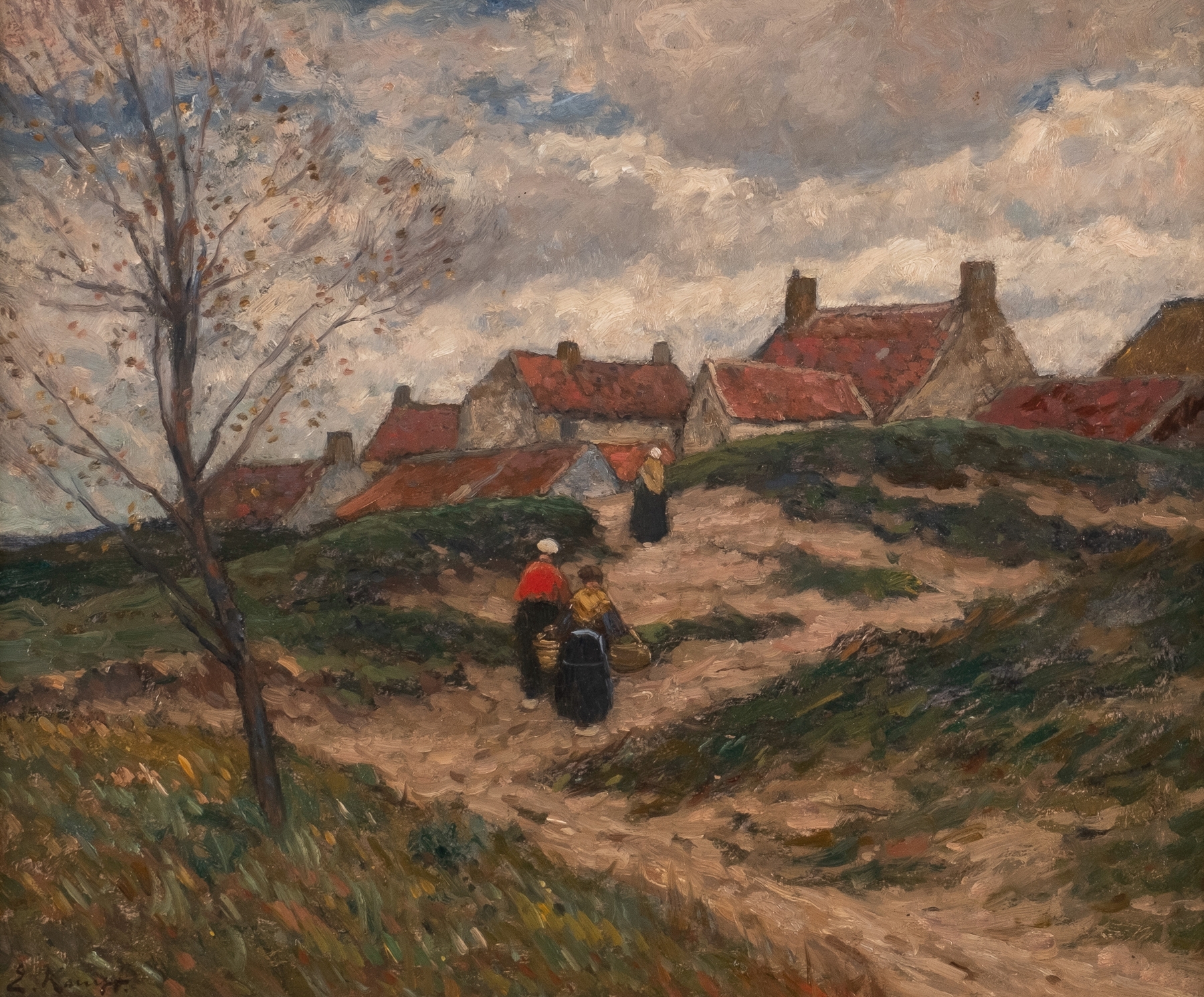 Landscape of a village surrounded by dunes, oil on canvas by Eugen Kampf