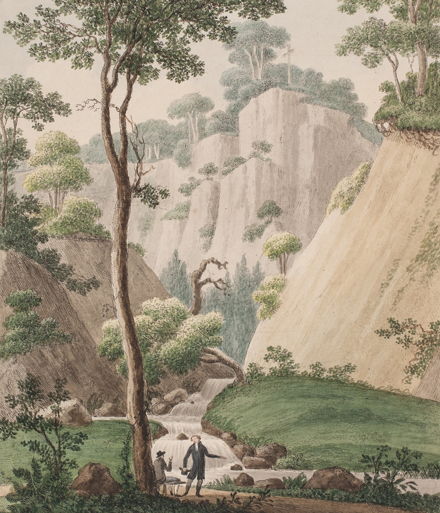 Landscape oil painting by Søren L. Lange depicting a serene view with soft greens and deep blues.