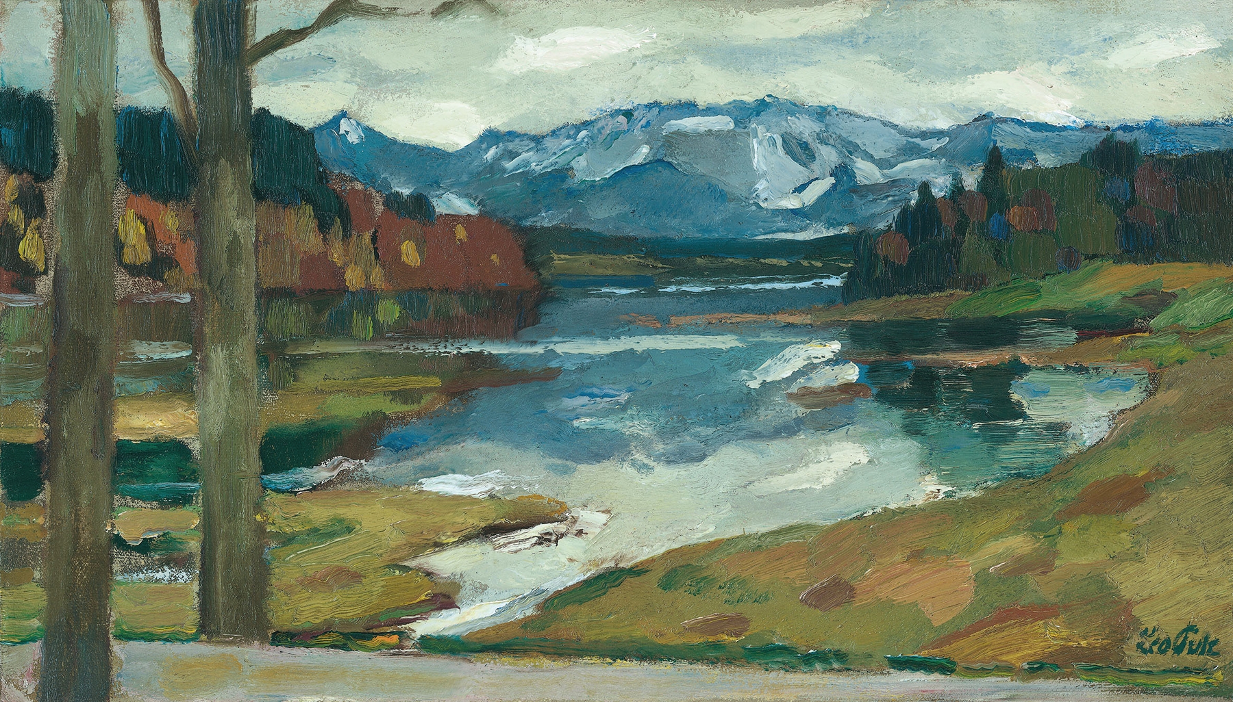 Kampenwand (Chiemsee) by Leo Putz, oil painting depicting mountains and a serene lake.