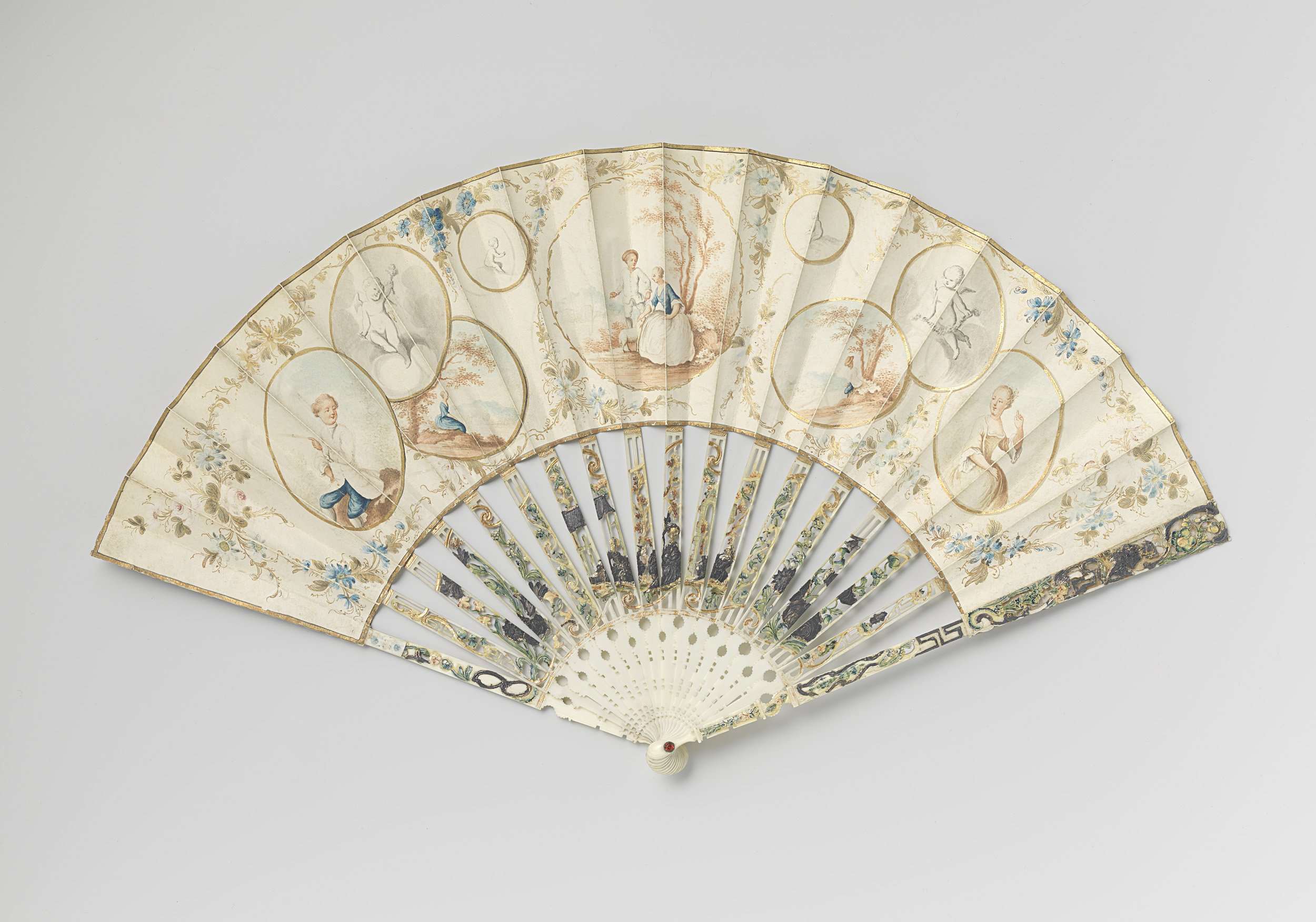 Decorative fan with nine medallions, paint on leather, Unknown Artist