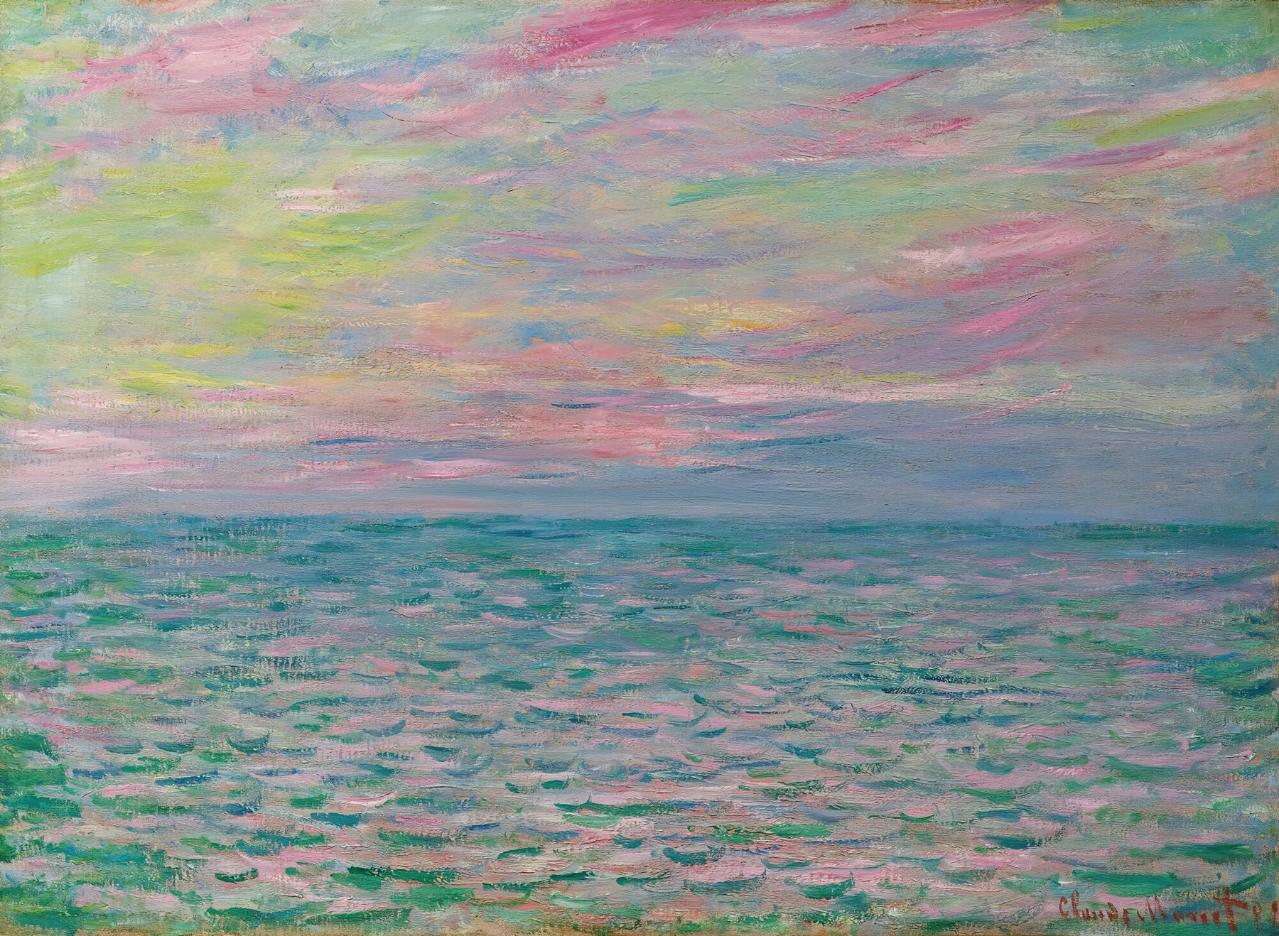 Coucher De Soleil À Pourville, Pleine Mer by Claude Monet, oil painting depicting a sunset over the sea.