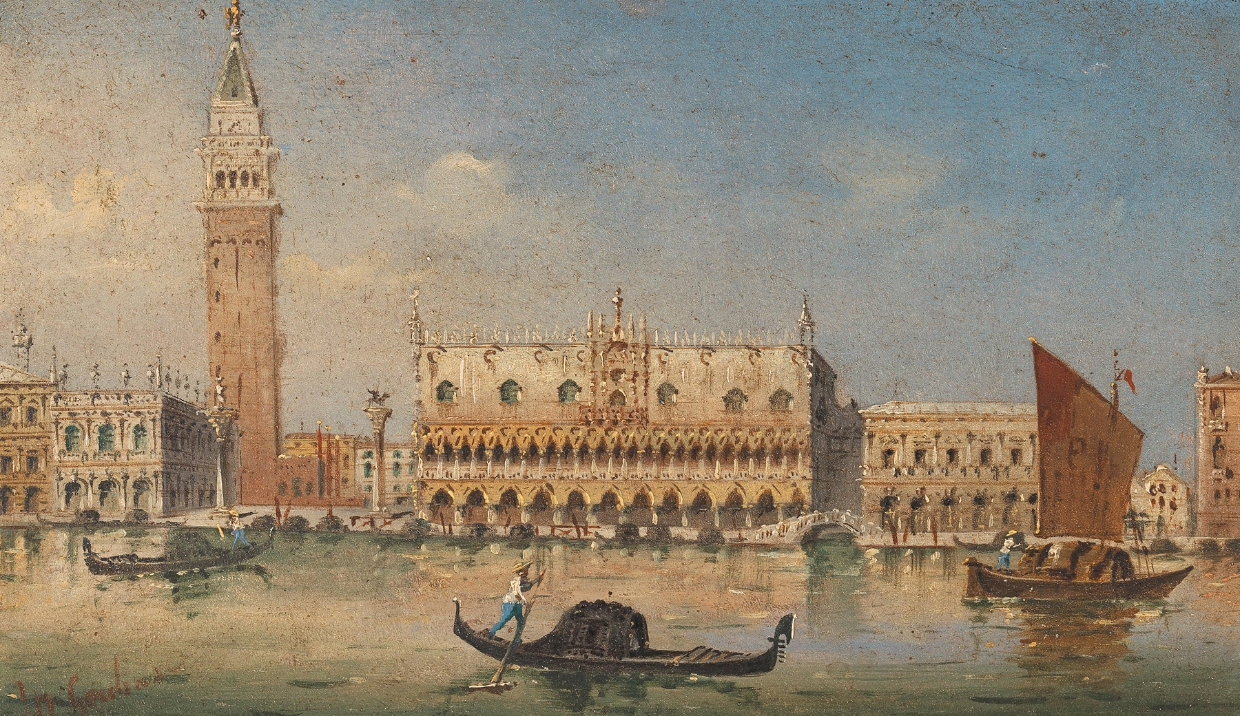 Venice landscape with Campanile, St Mark’s Columns, and Palazzo Ducale, oil on canvas by Marco Grubas.