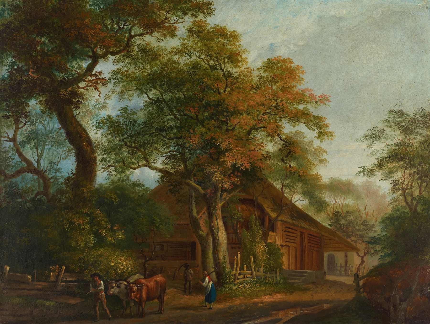 Genre scene depicting farmers harvesting hay, oil painting by Franz Niklaus König