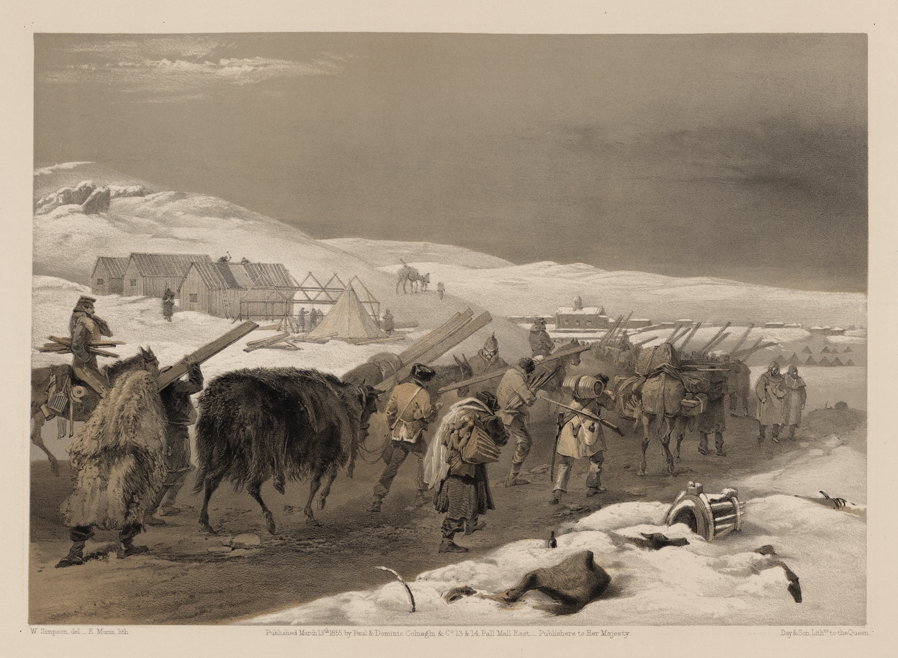 Huts and warm clothing for the army by William Simpson, realism, depicting soldiers building huts in winter.