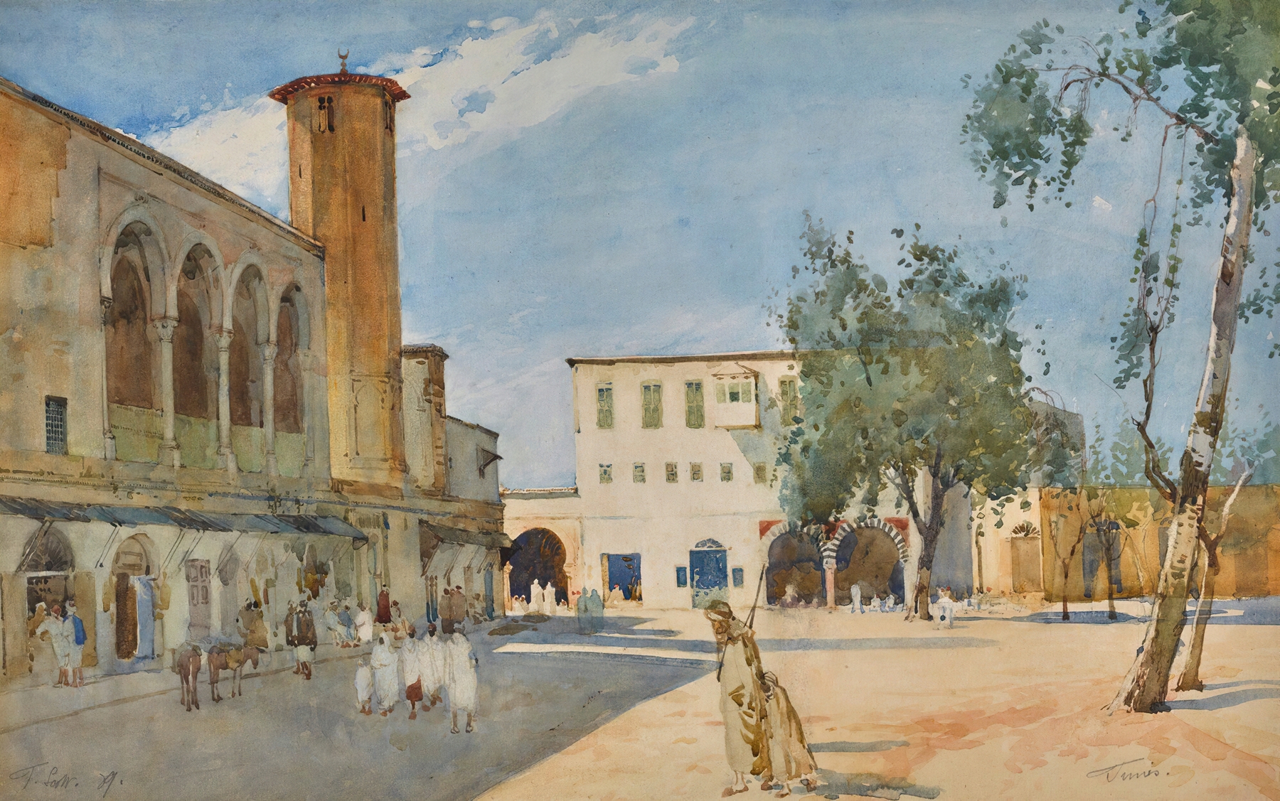 Tunis by Tom Scott, Post-Impressionism, depicting a vibrant landscape with architecture and bright sky.