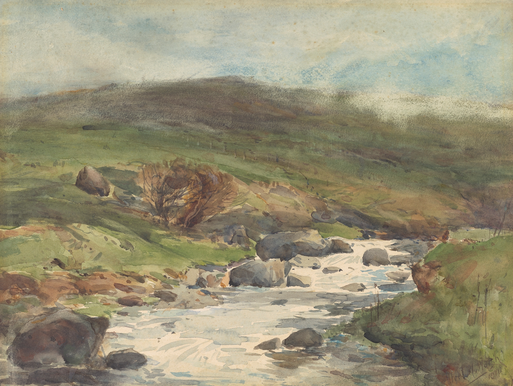 Impressionist landscape of a mountain stream by Alfred Walsh, showcasing flowing water and light