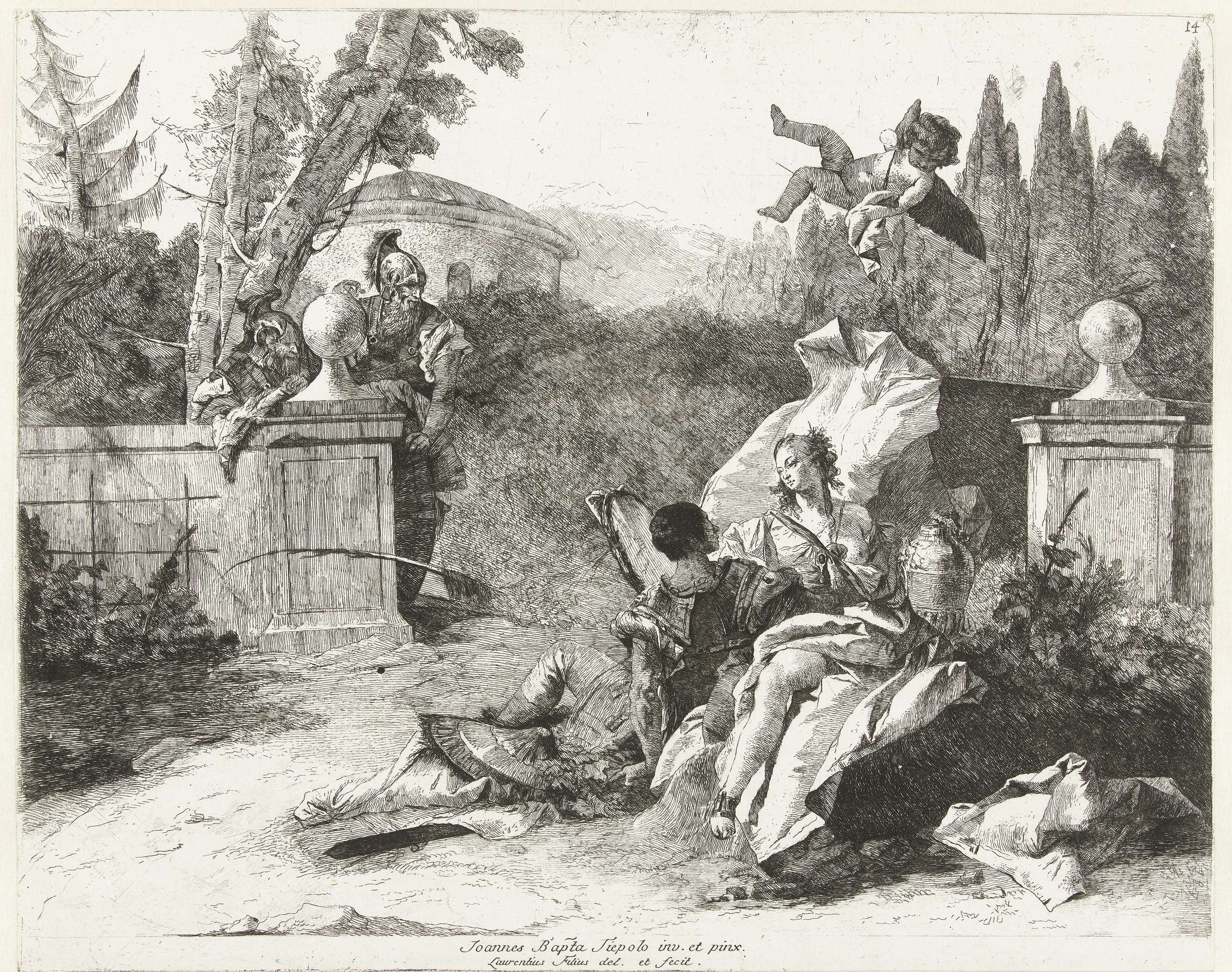 Rinaldo en Armida bespied door Ubaldo en Carlo, by Lorenzo Baldissera Tiepolo, public domain