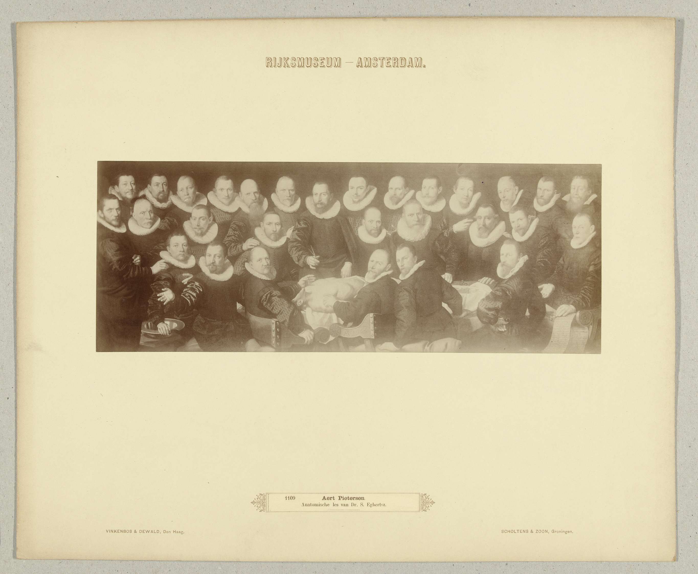 Anatomical lesson by Vinkenbos & Dewald, albumen print showing a doctor gesturing towards a dissected body.