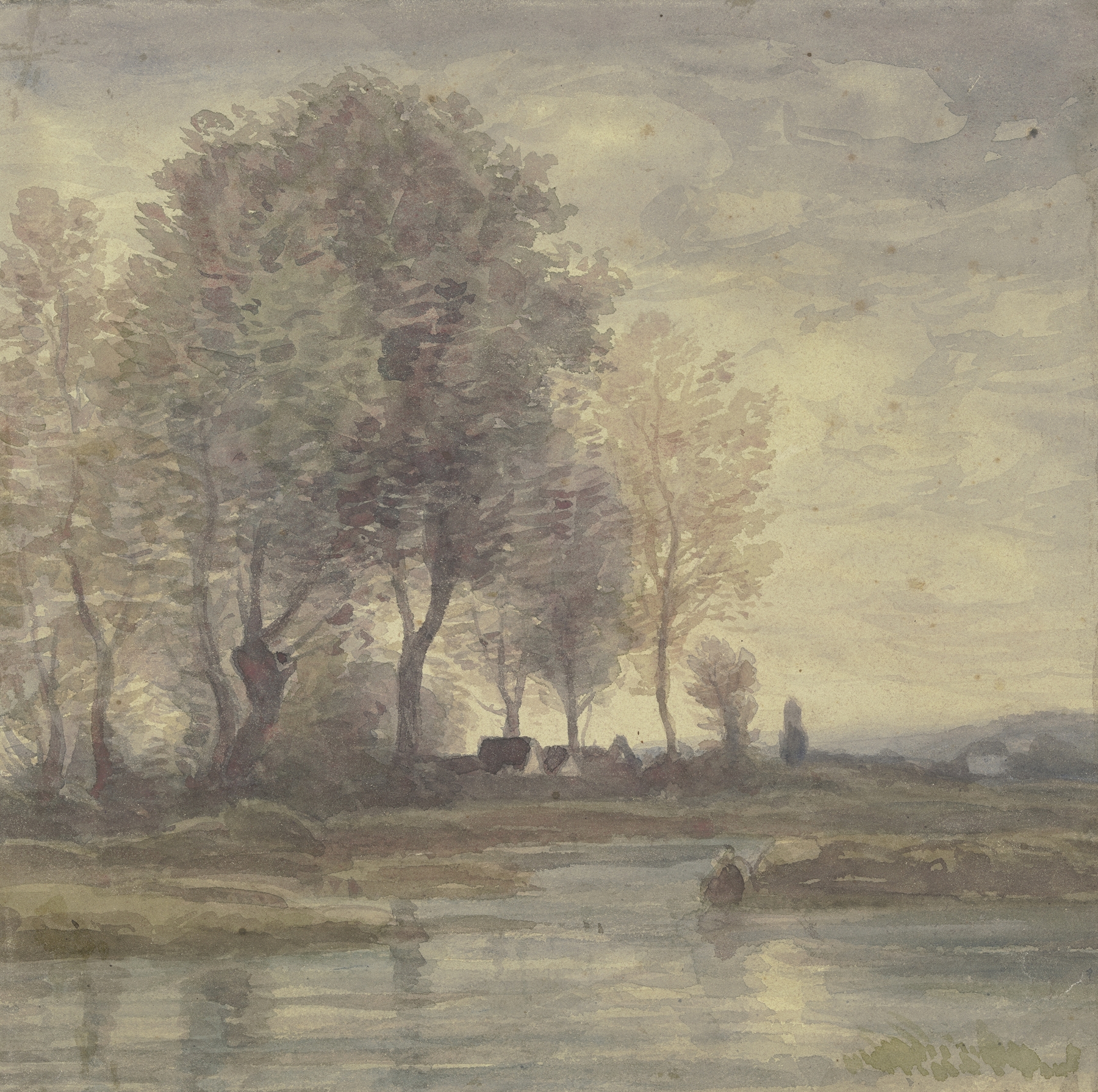 Landscape with water and village houses by Peter Burnitz, oil painting