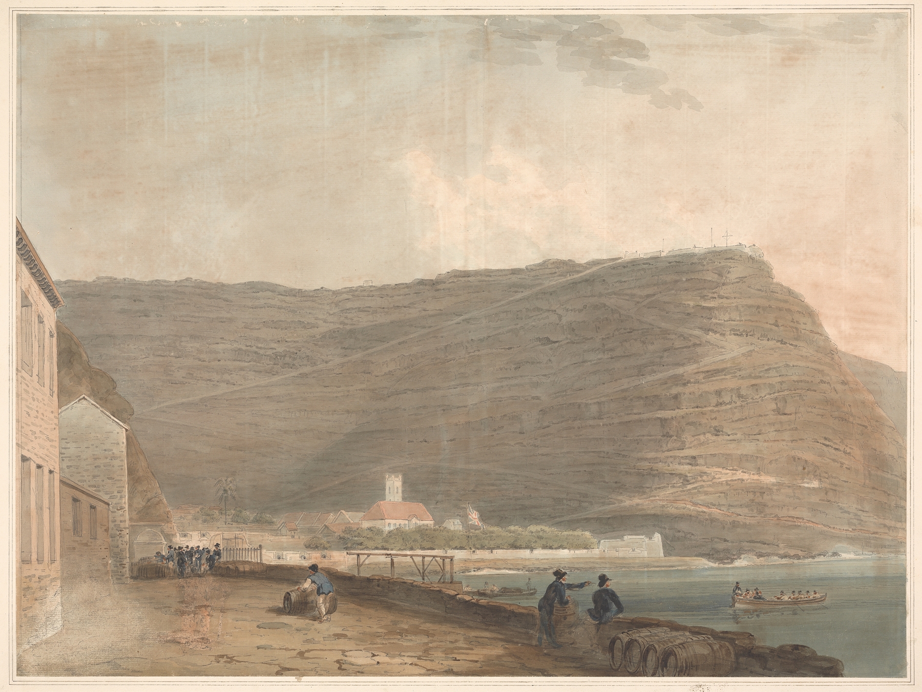 Coastal English Settlement Surrounded by Mountains by Samuel Davis, oil painting depicting a serene landscape.