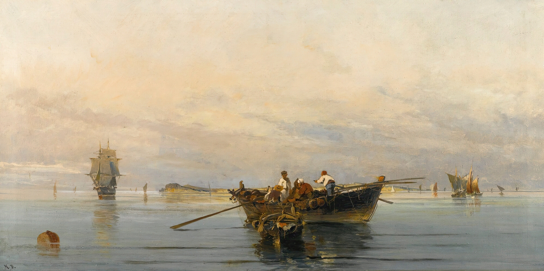 Marine scene with calm waters and reflections by Konstantinos Volanakis, oil painting