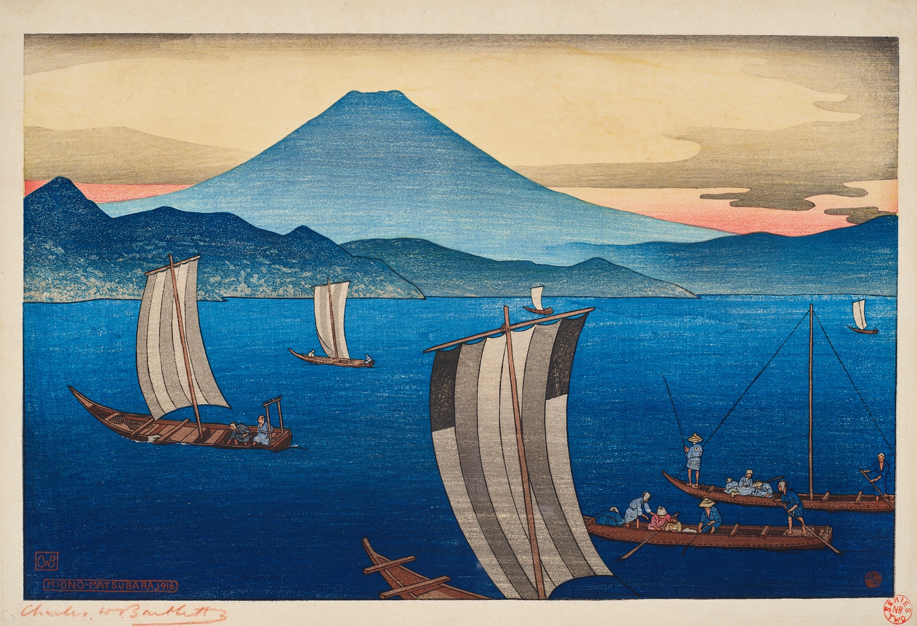 Color woodblock print by Charles Bartlett depicting trees and landscape in Miono-Matsubara
