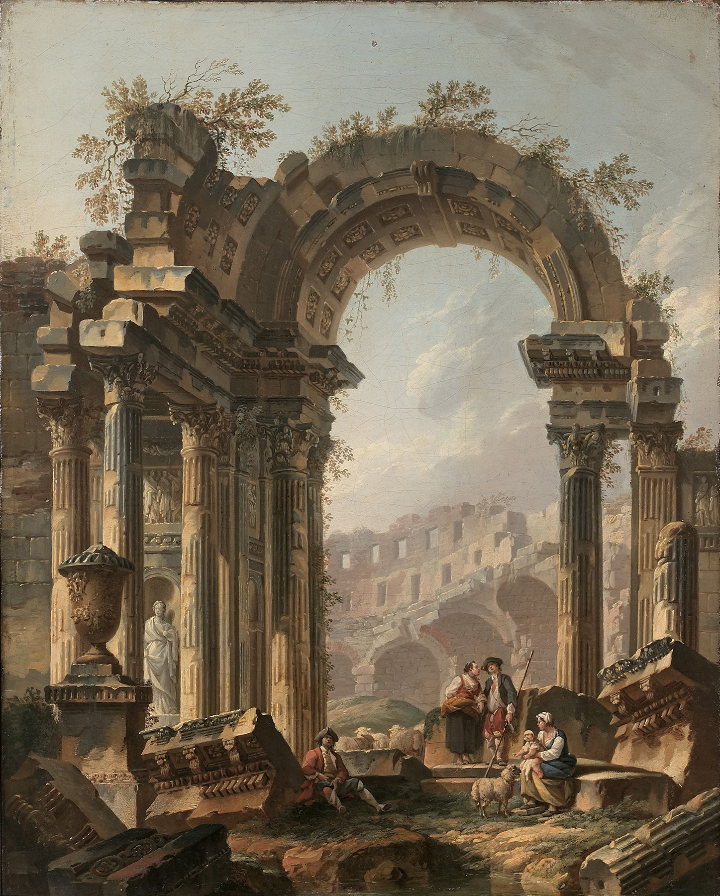 Bergers dans des ruines romaines by Pierre-Antoine Demachy, oil painting depicting shepherds among ancient ruins