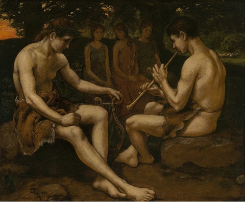 Apollon and Marsyas depicts a mythological scene with vibrant colors and expressive figures.