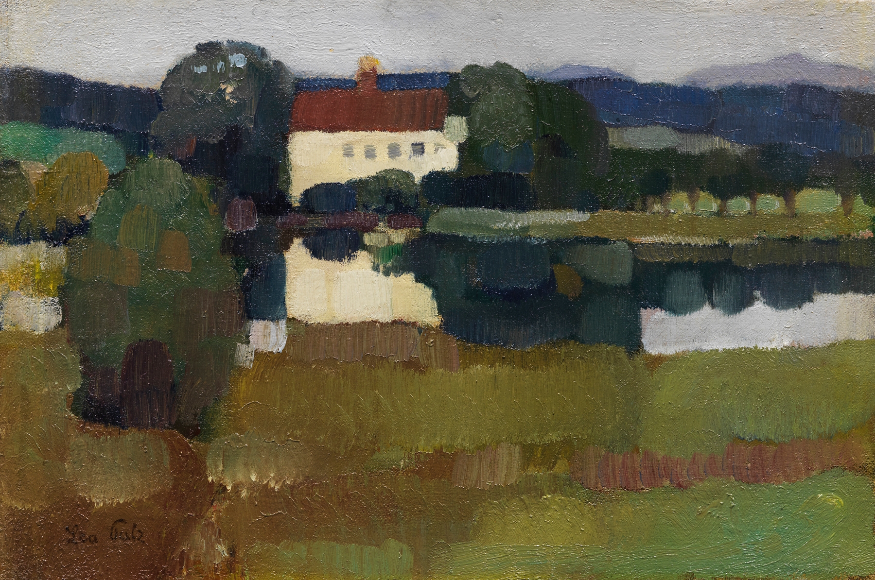 Landscape of a lake with a distant castle by Leo Putz, oil painting