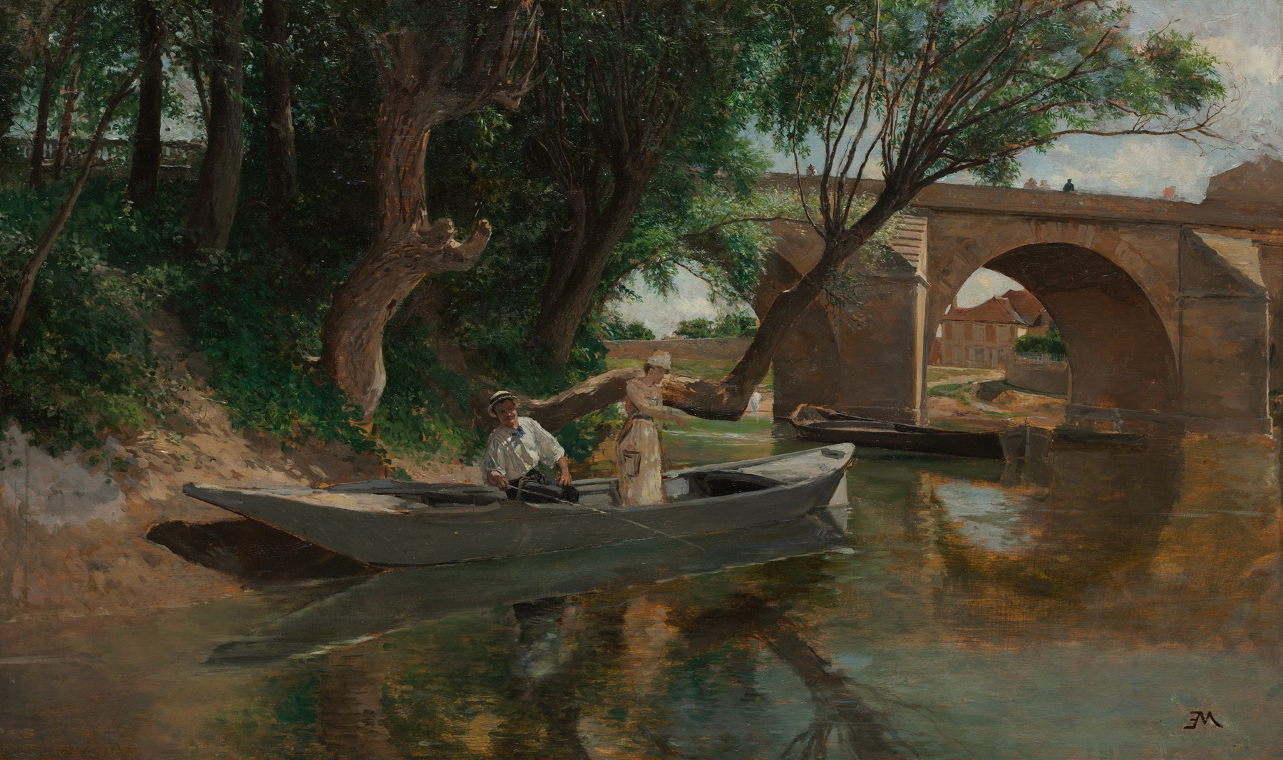 Bridge at Poissy by Ernest Meissonier, oil on canvas, depicting fishermen by a river