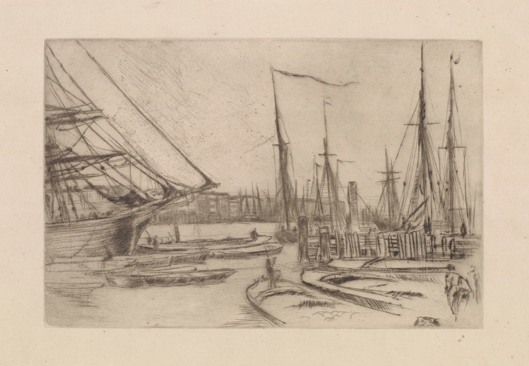 Marine scene with boats and figures by James Abbott McNeill Whistler, oil painting