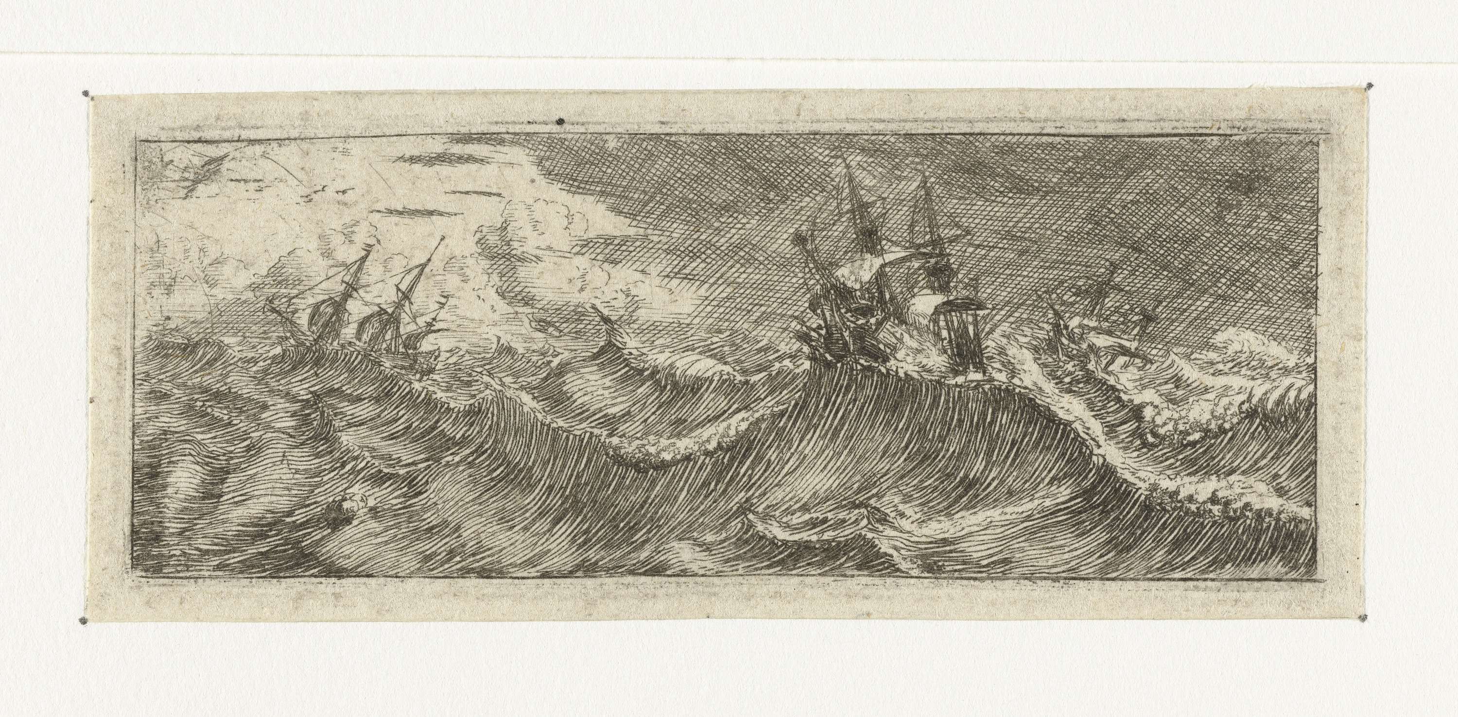 Klein zeegezicht met schepen in een storm, by Reinier Nooms, public domain