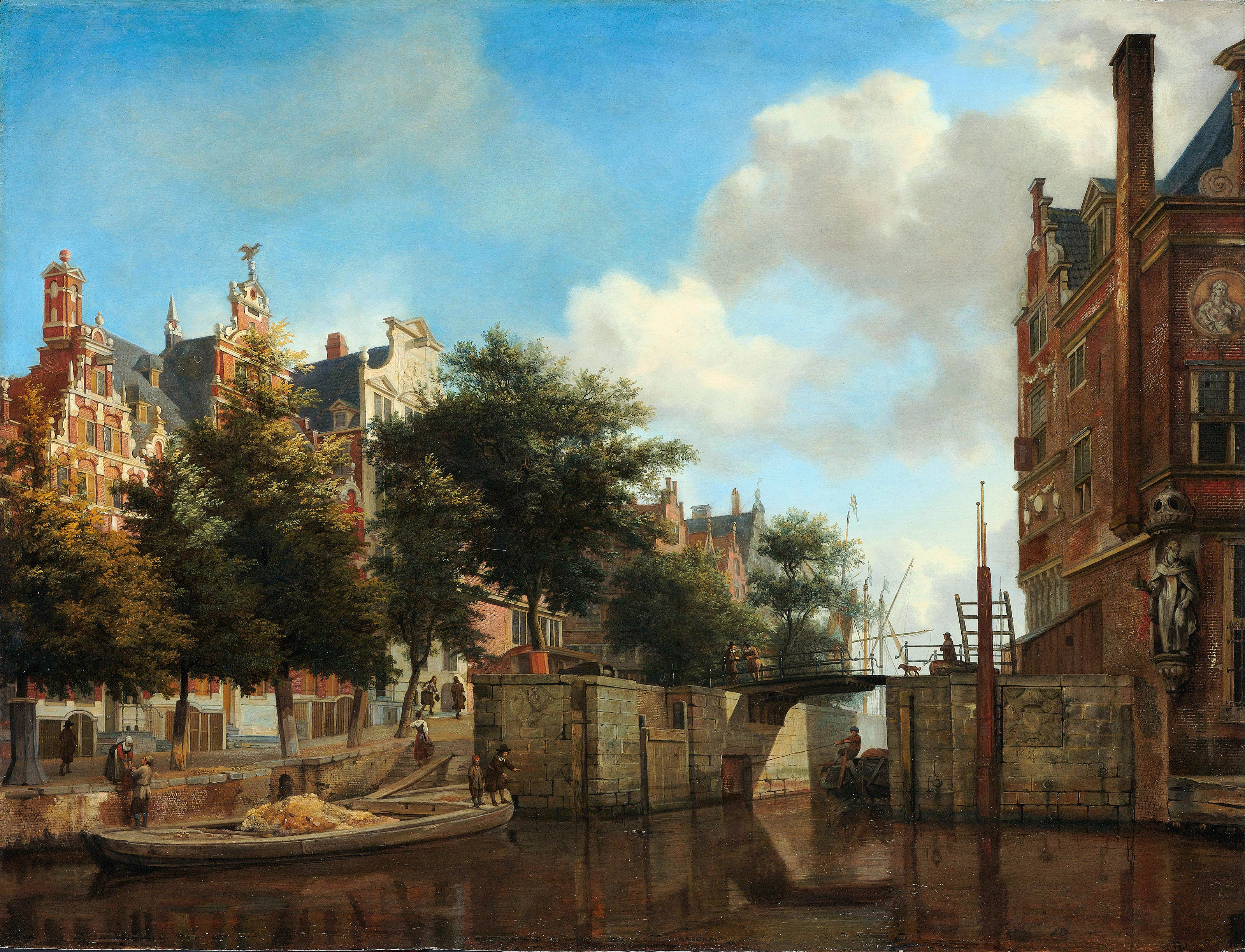 Amsterdam City View with Houses on the Herengracht and the old Haarlemmersluis, by Jan van der Heyden, public domain