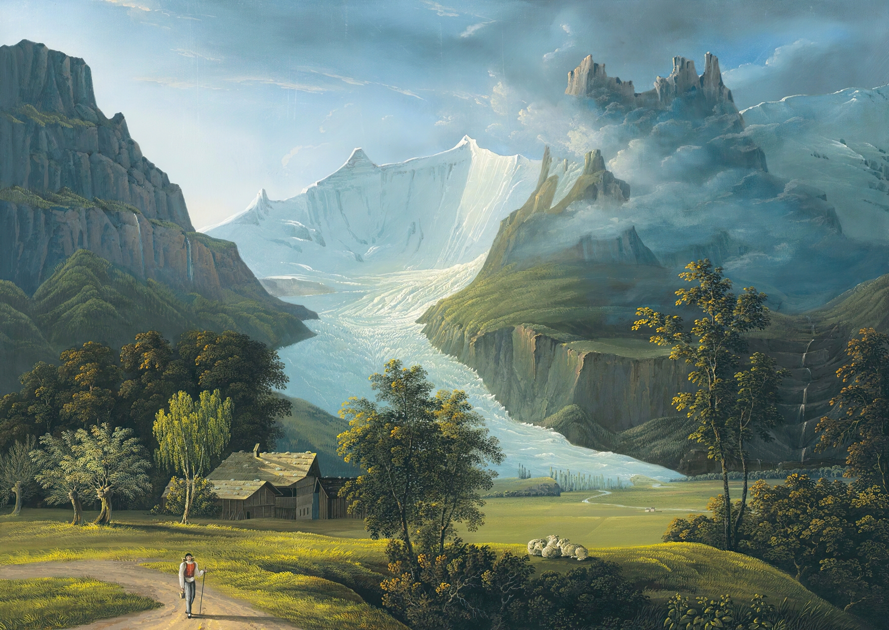 The Glacier Of Grindelwald, oil on canvas by Johann Heinrich Bleuler, depicting mountains and clouds.