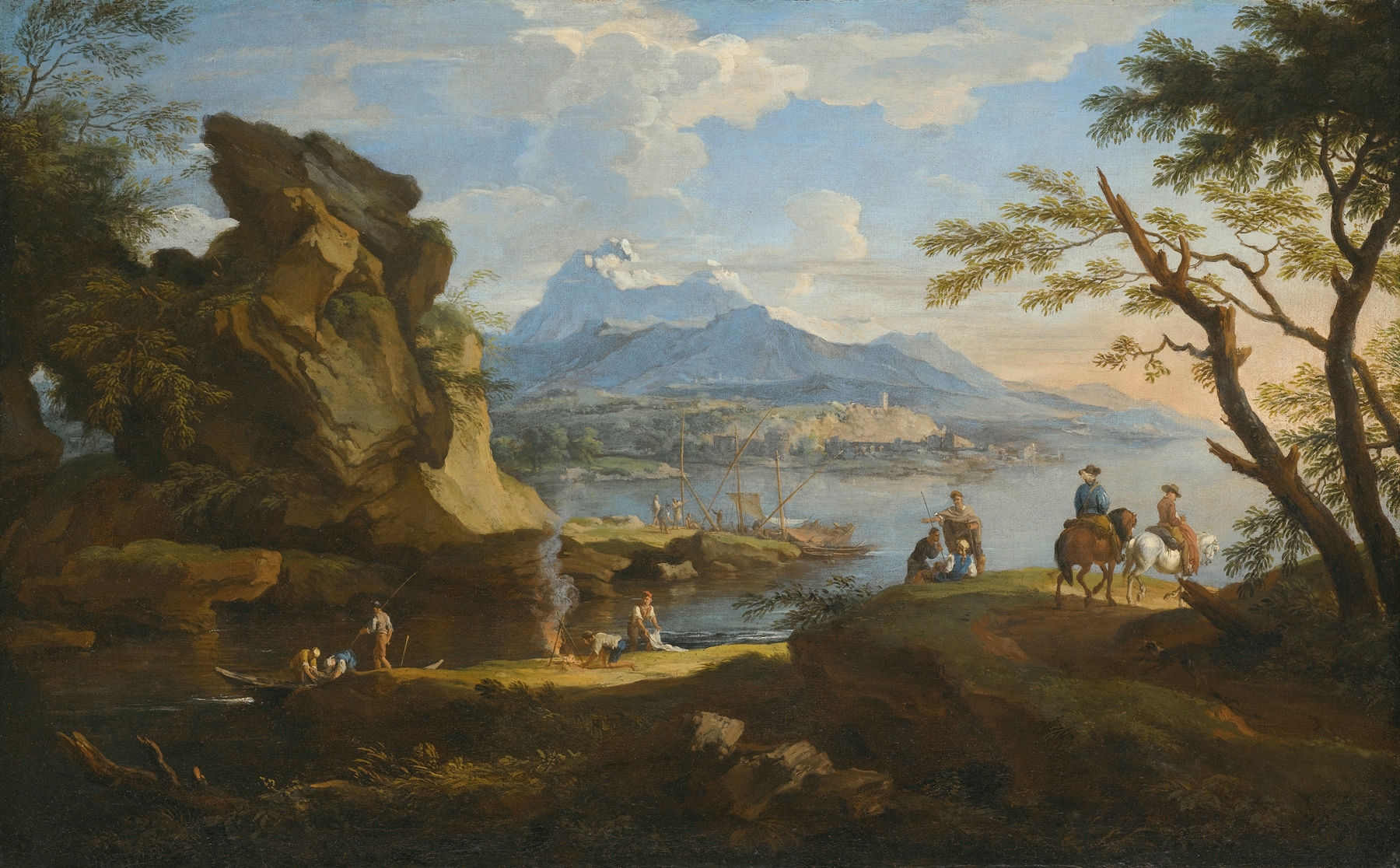 A harbour scene with fishermen returning to shore, oil painting by Jacob de Heusch