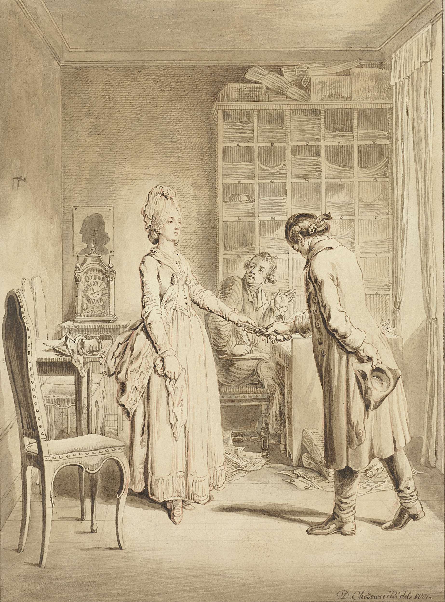 Engraving by Daniel Nikolaus Chodowiecki showing Lotte handing over pistols.