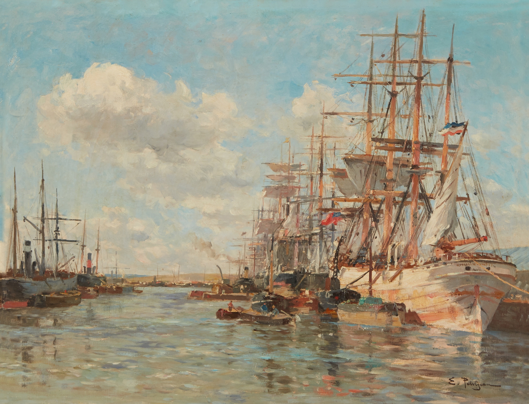 Marine scene depicting Le Port de la Rochelle by Edmond-Marie Petitjean, oil painting