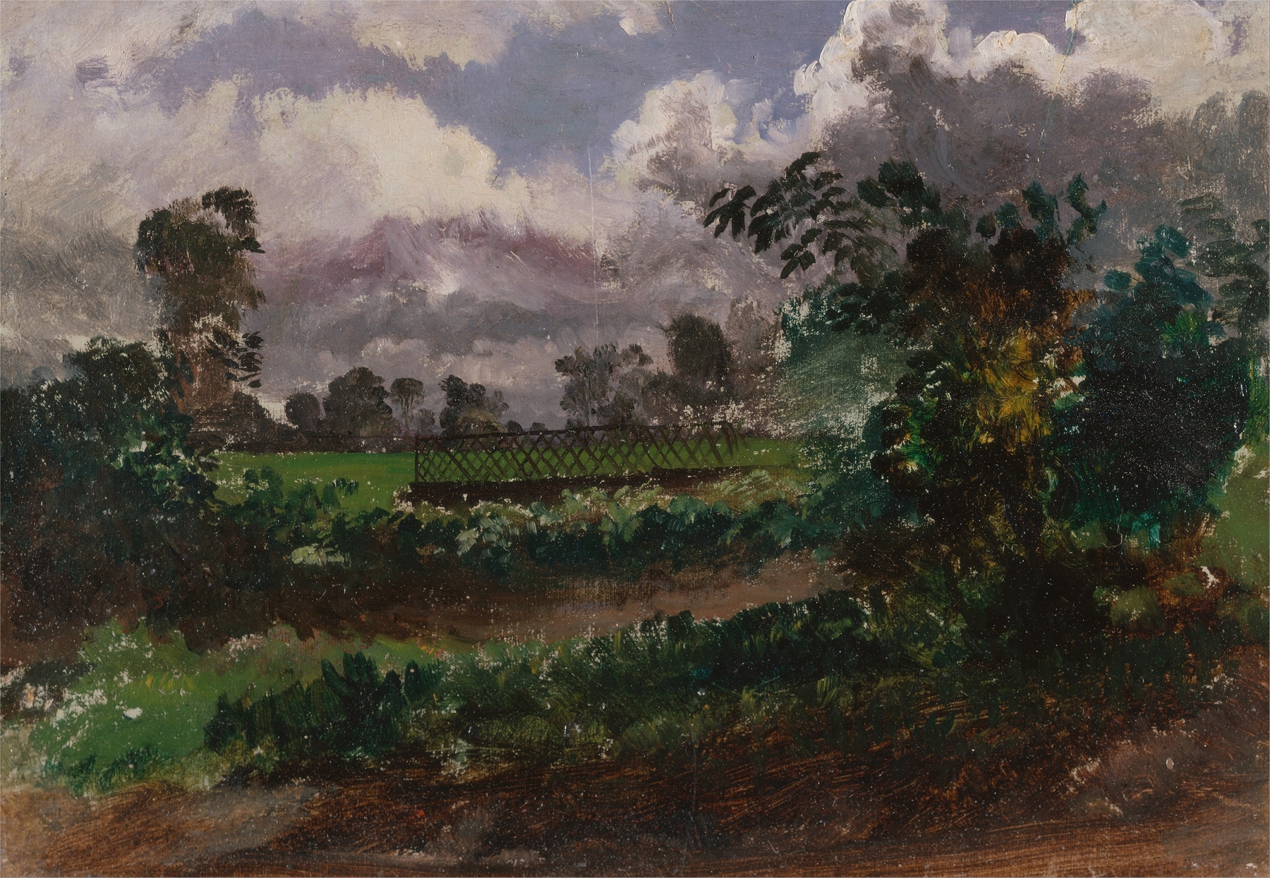 A view across a garden with flowers and golden light, oil painting by Francis Danby
