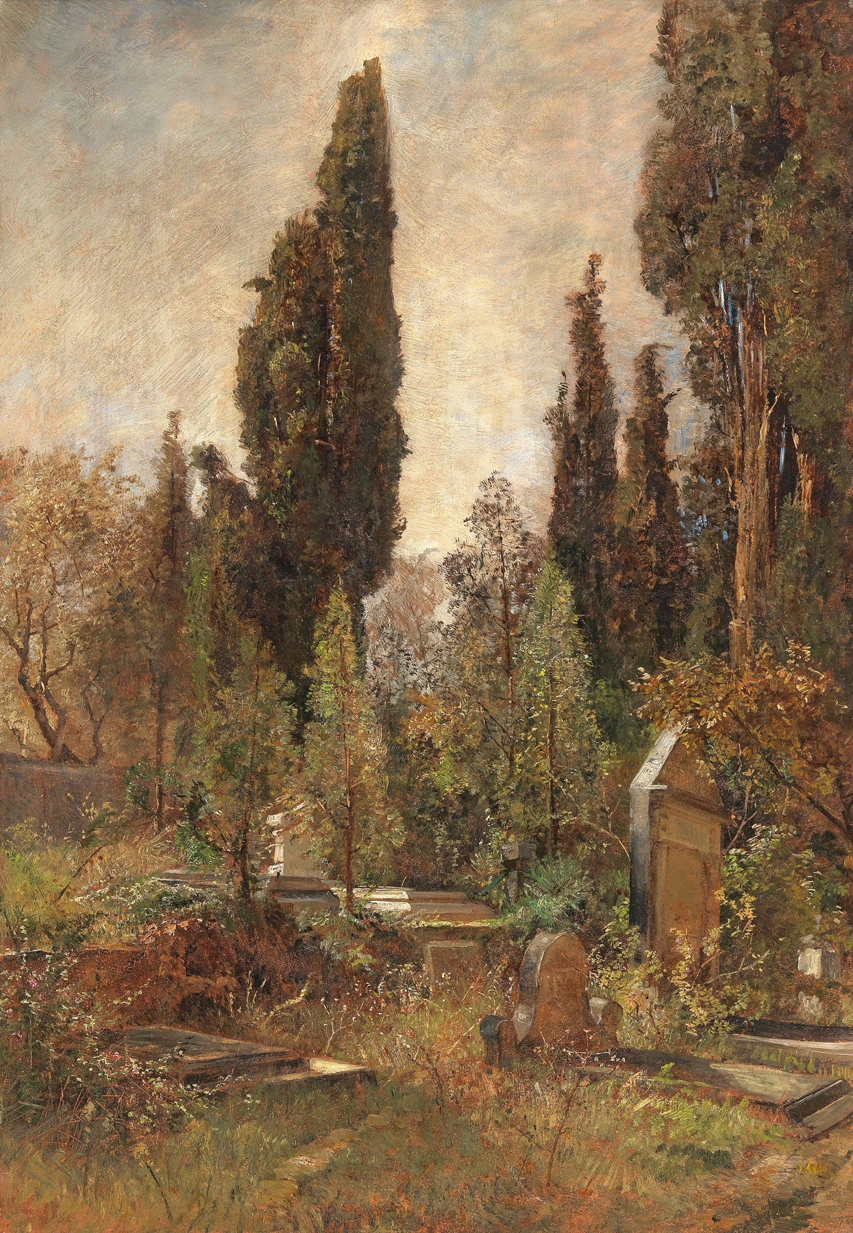 Old Cemetery by Marie Egner, depicting gravestones and vines, oil painting