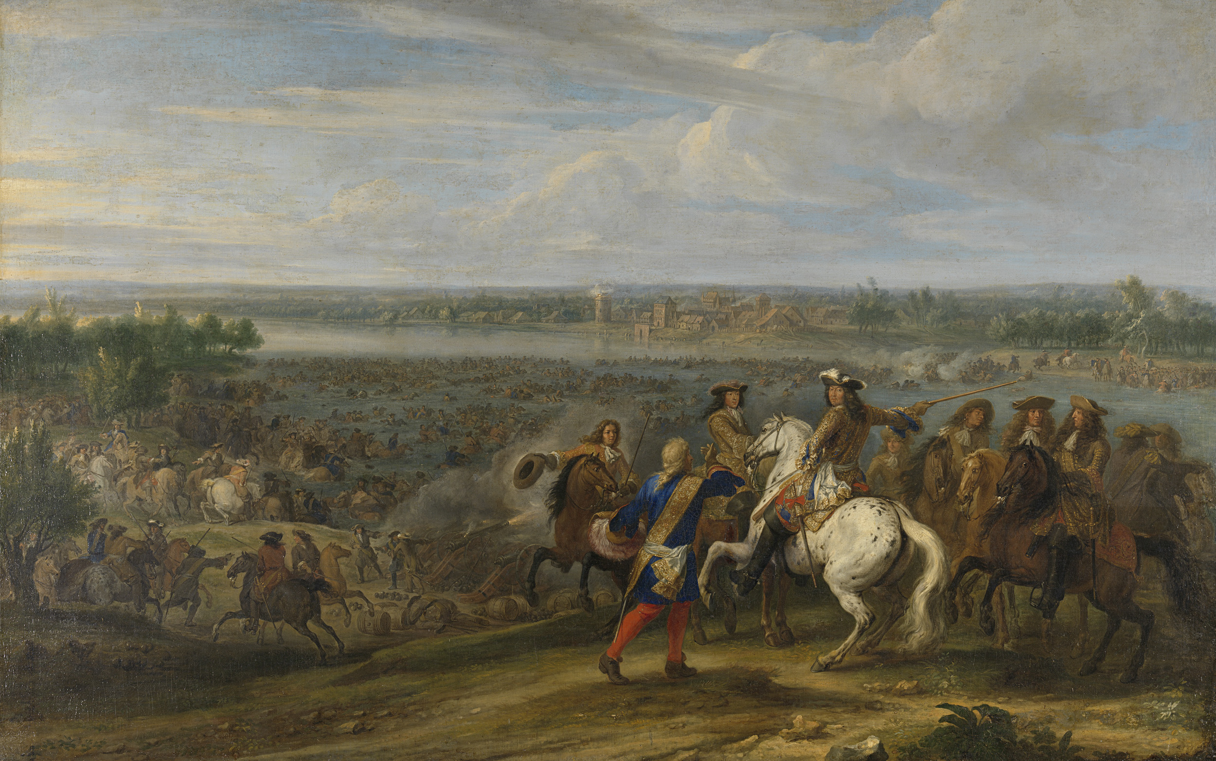 Louis XIV on a grey horse leading an army, oil painting by Adam Frans van der Meulen