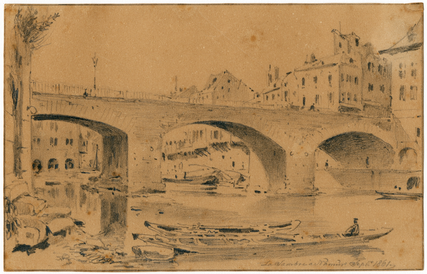 Landscape featuring a bridge over the Sambre River, oil painting by Pieter van Loon
