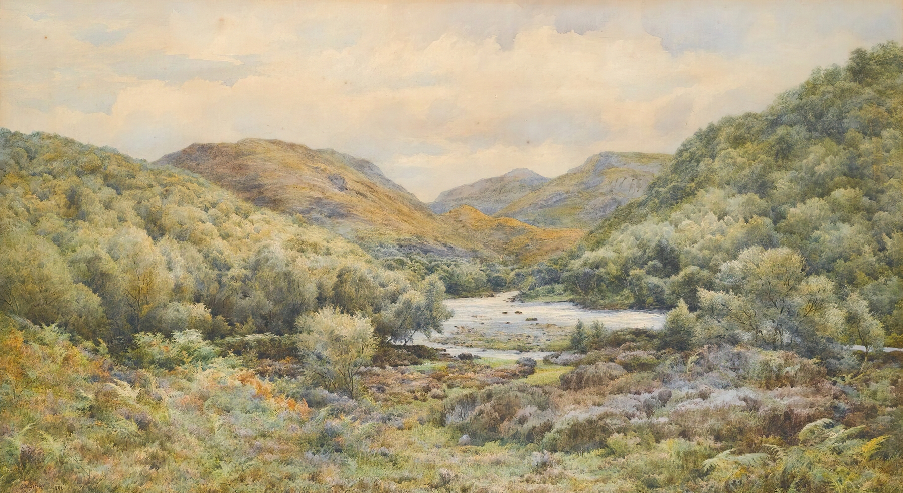 Landscape with a river and heather, oil painting by Samuel William Oscroft