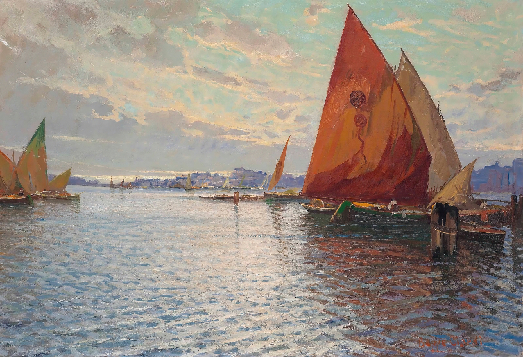 Fishing vessels moored off an Italian town at dusk, by Beppe Ciardi, public domain