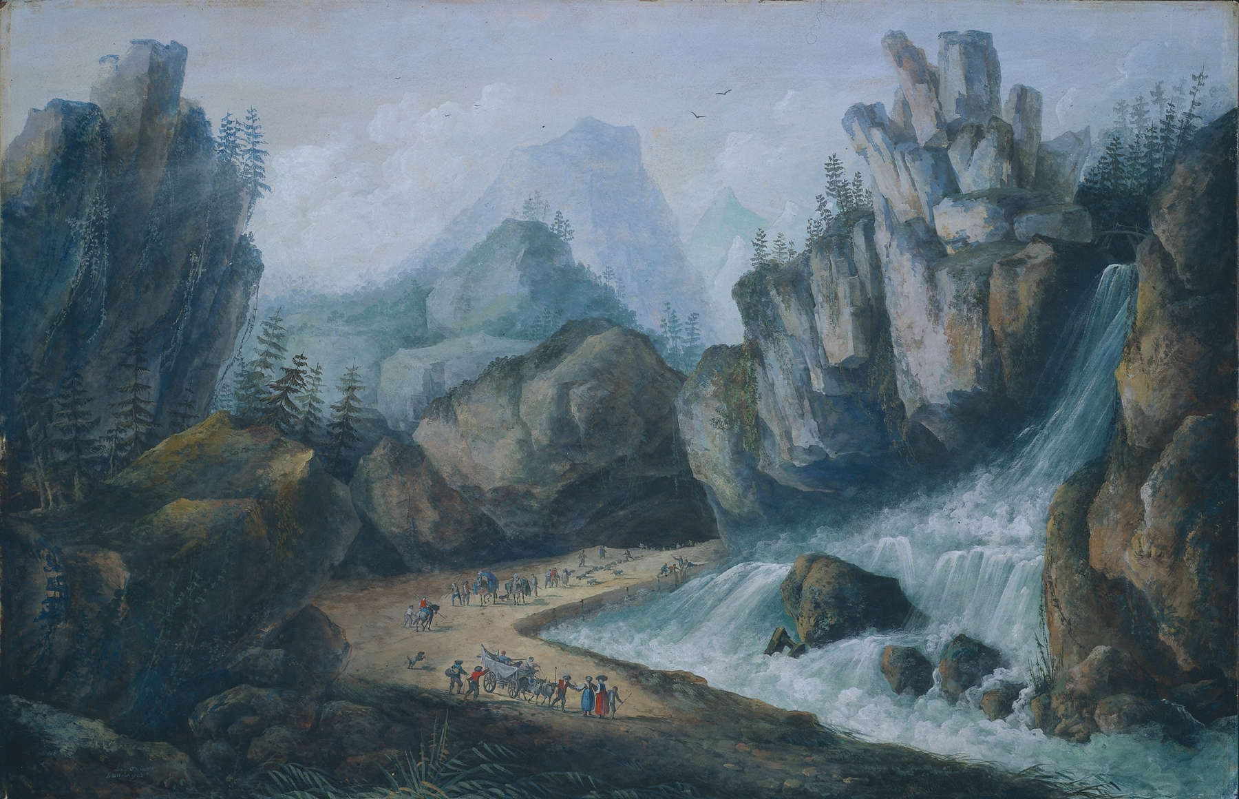 Torrent and Waterfall in the Alps by Louis Belanger, oil painting depicting a waterfall and mountains.