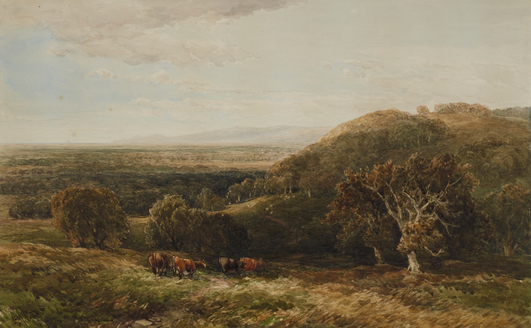 Near Richmond, Yorkshire by Edmund Morison Wimperis, oil on canvas depicting hills and golden light at sunset.
