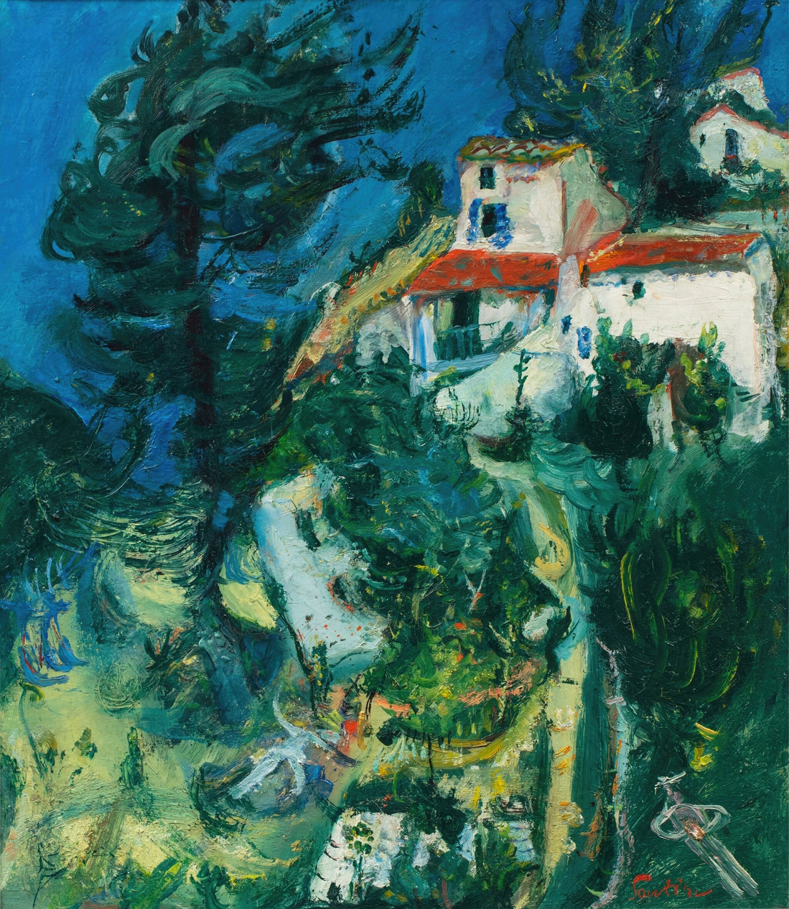 Paysage de Cagnes by Chaïm Soutine, oil on canvas showing rolling hills and a vibrant sky.