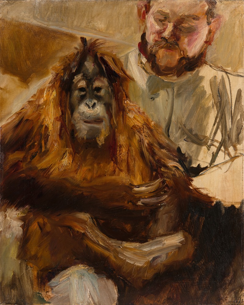 This painting depicts an orangutan with its keeper in a naturalistic setting.