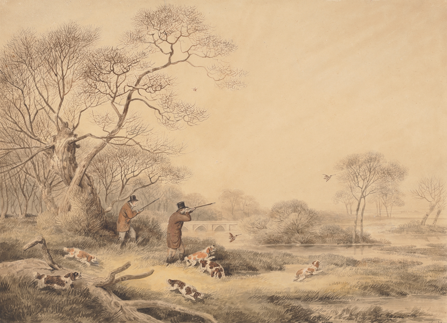 Snipe Shooting engraving by Samuel Howitt depicting hunters with rifles in a countryside setting.