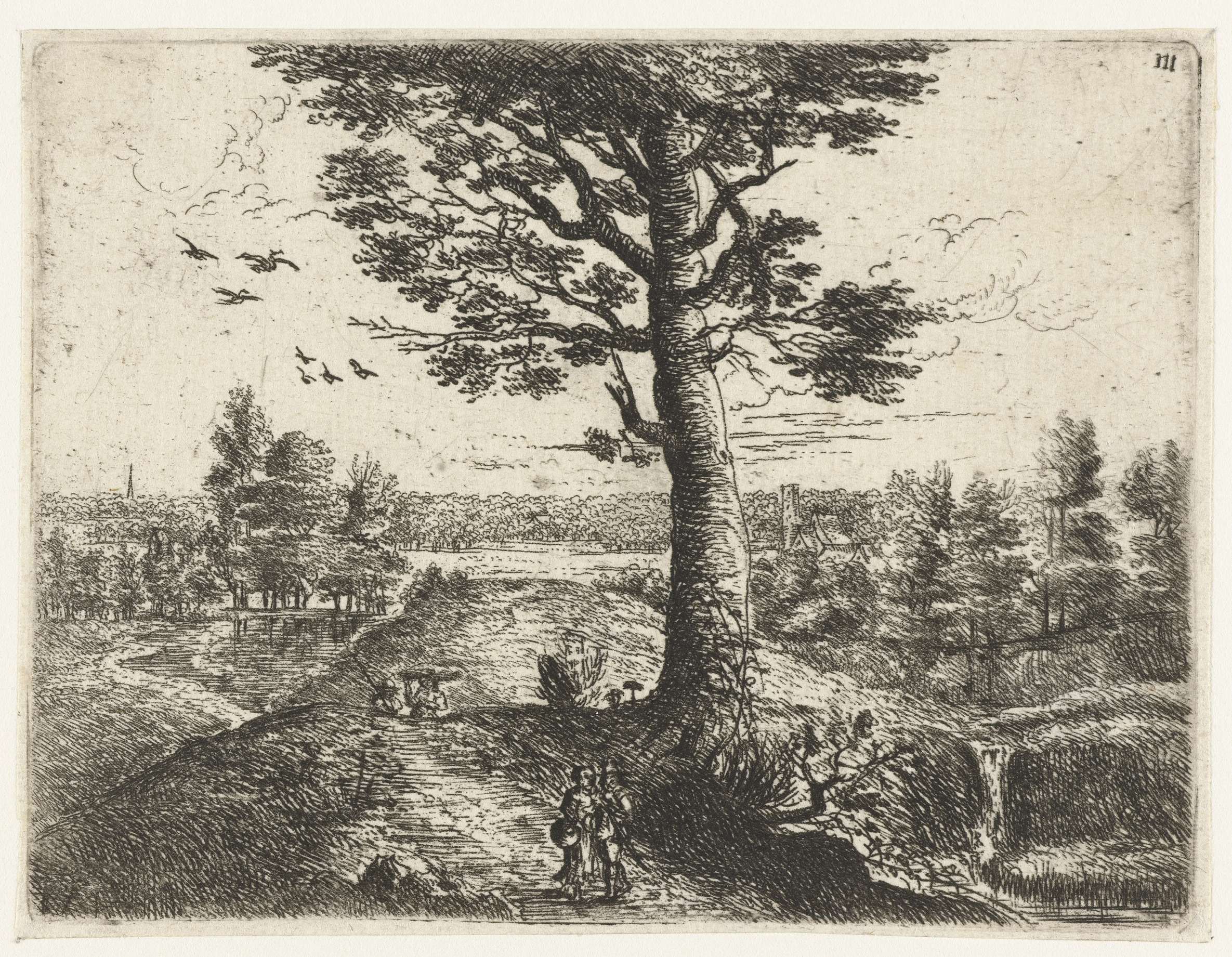 Etching by Philips Augustijn Immenraet depicting a couple walking through a landscape.