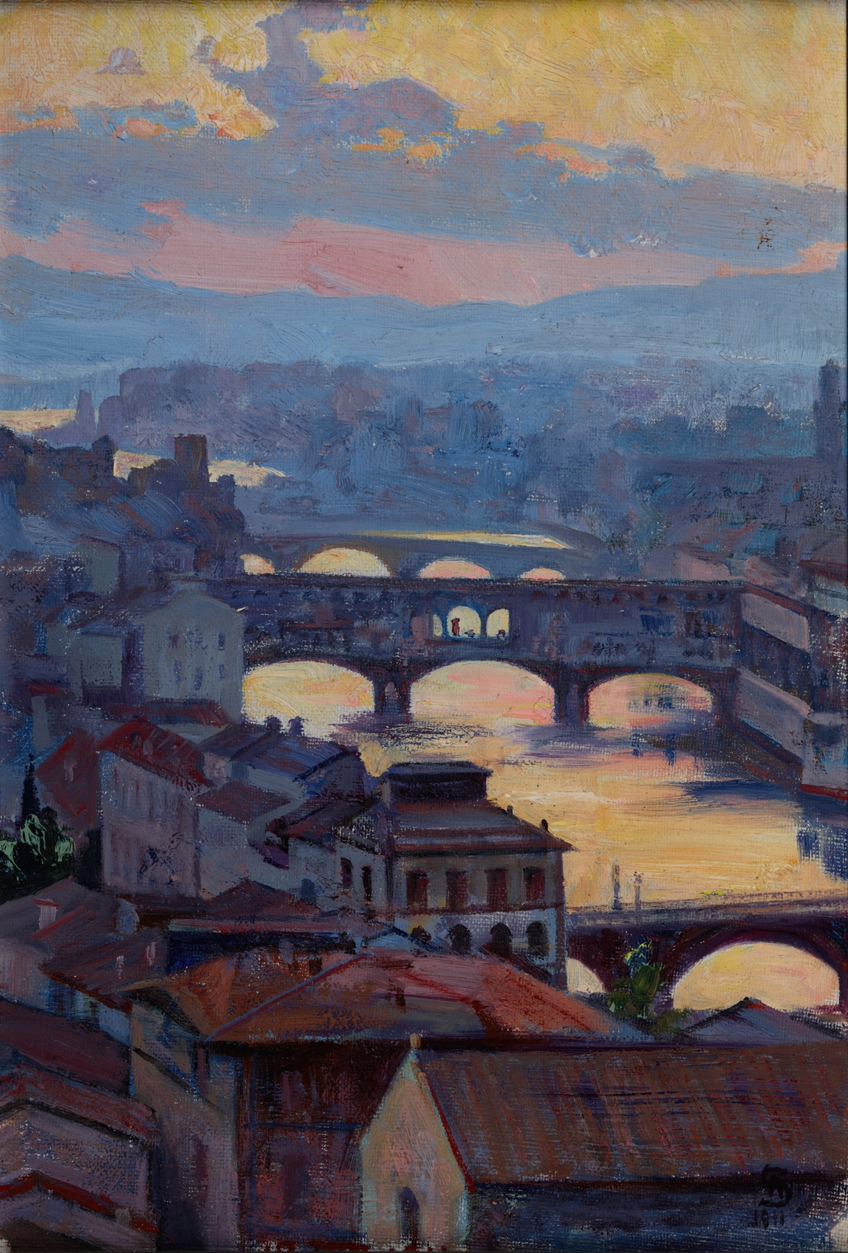 Sunset over Arno by Ambroży Sabatowski, oil on canvas depicting a river at dusk.