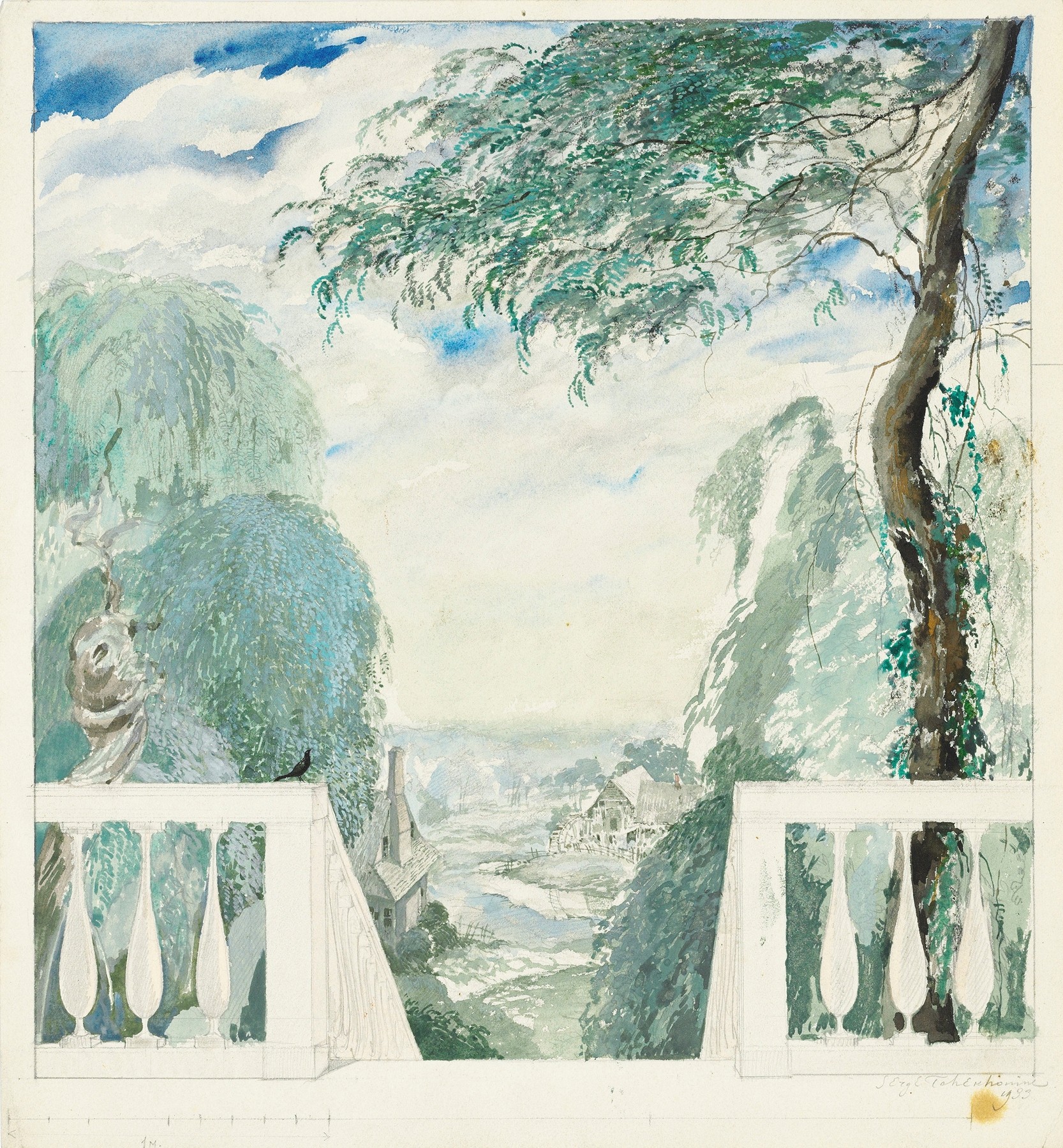 View of a village from a terrace, by Sergey Chekhonin, public domain