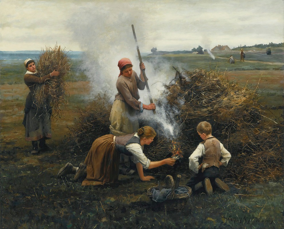 A captivating scene depicting a rural landscape with burning brush.