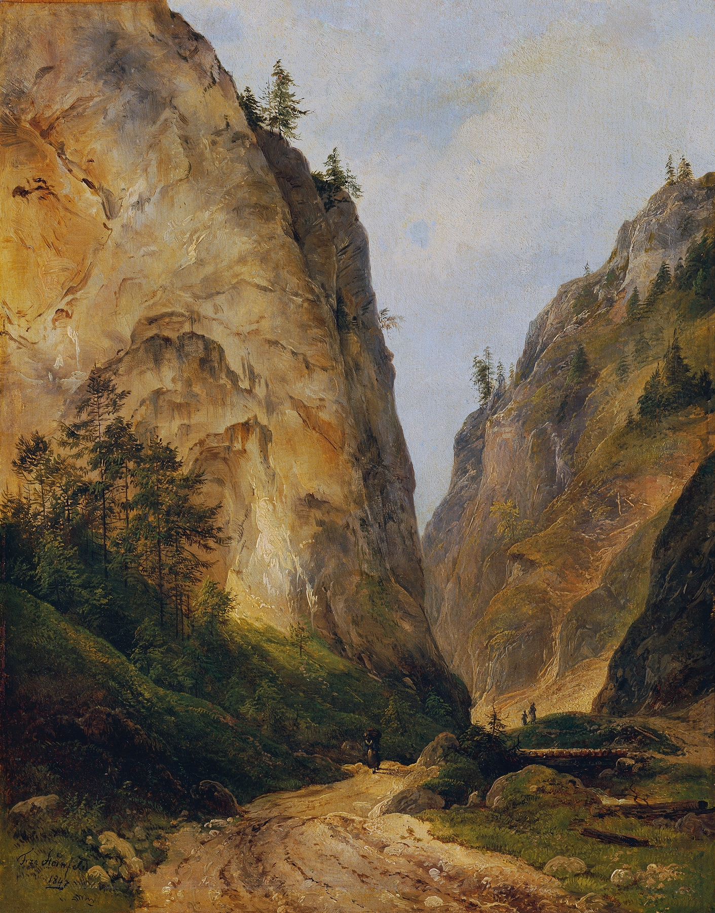 Felsental by Franz Steinfeld, oil on canvas depicting cliffs and earthy tones.
