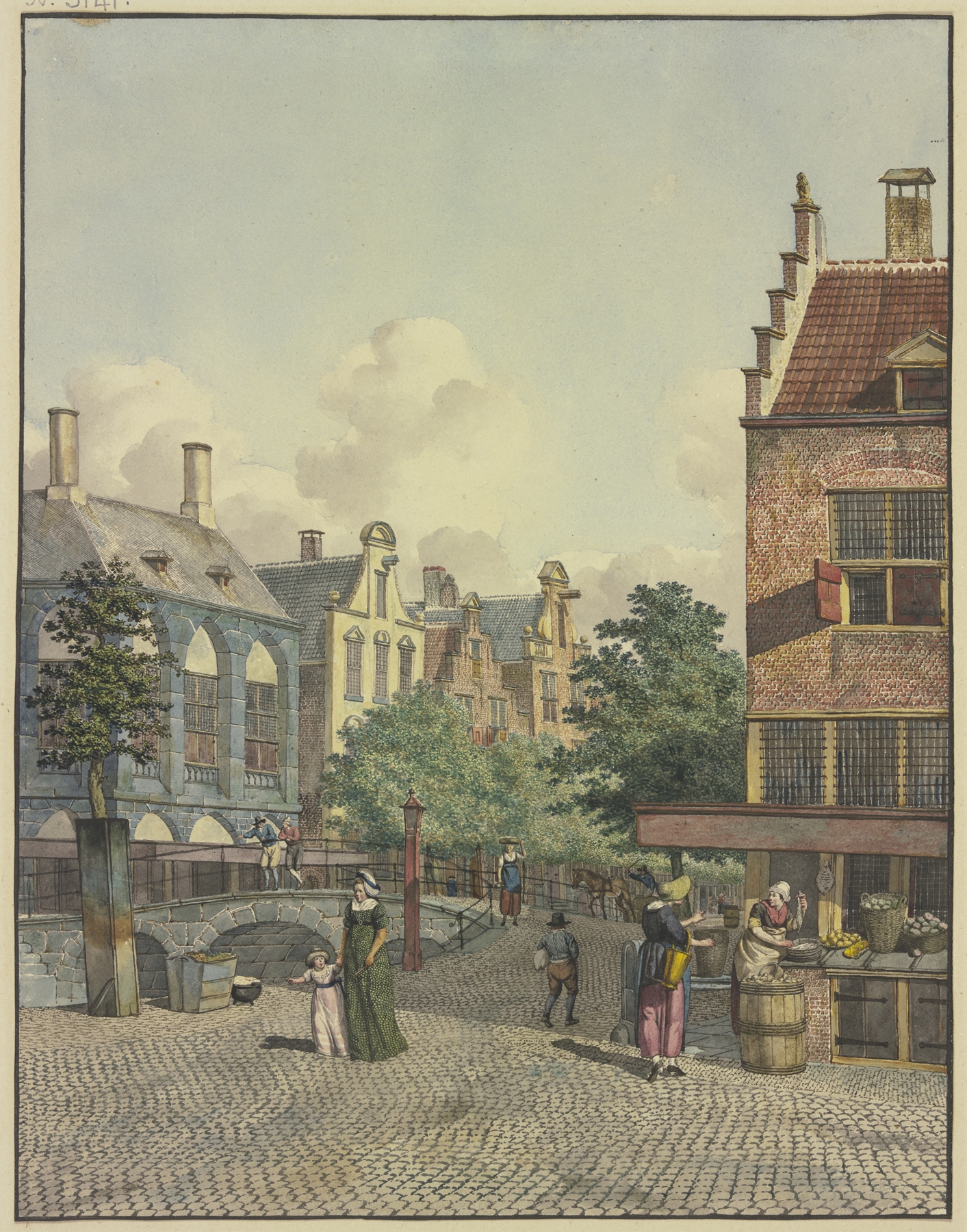 Steinerne Brücke, a river scene with a shop, by Johannes Huibert Prins, unknown medium