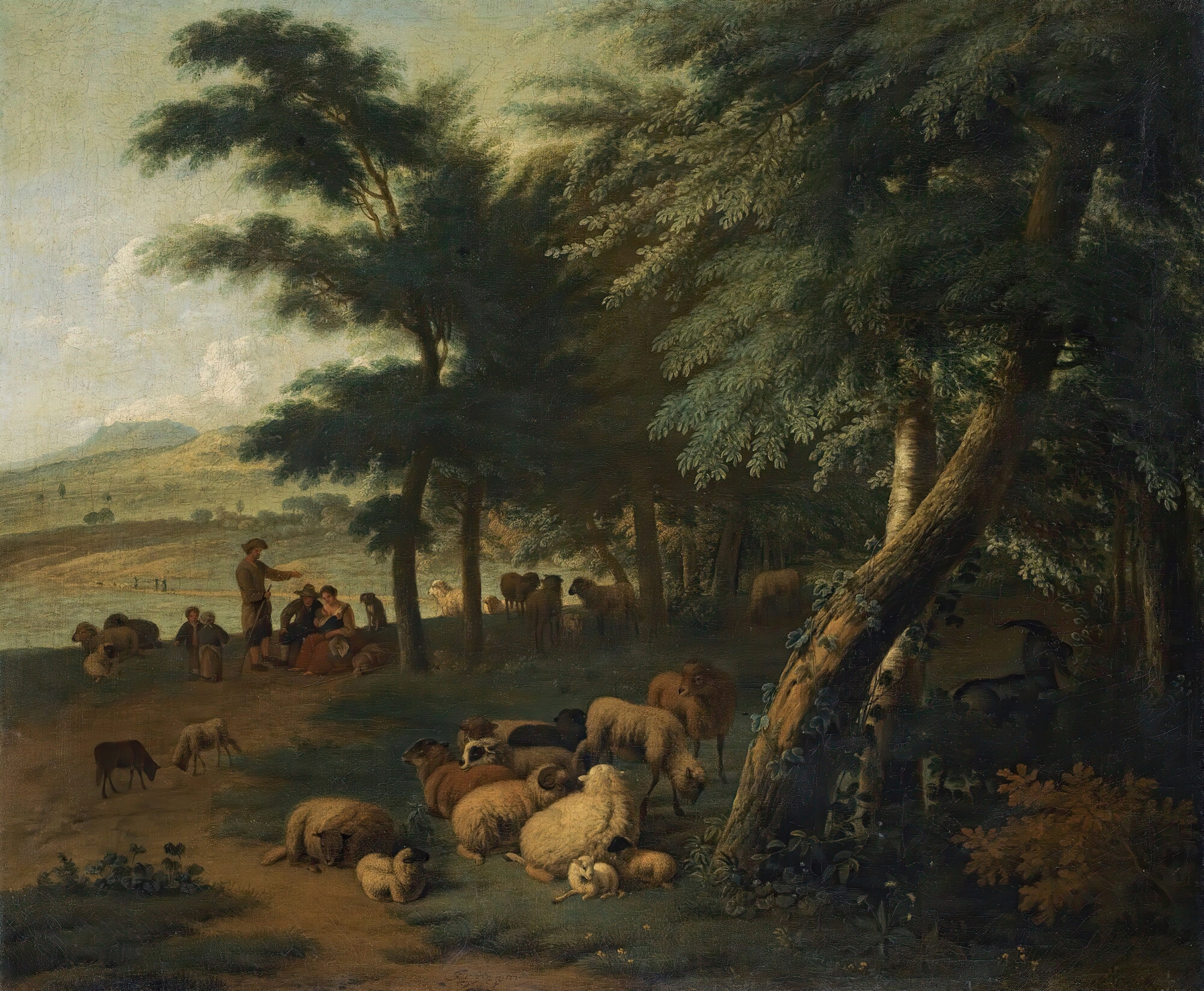Shepherds resting with their flock in a woodland scene, oil painting by Jan van der Meer the Younger.